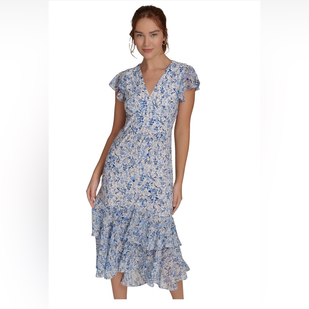 Tommy Hilfiger, Floral Blue Midi Dress, Size 12